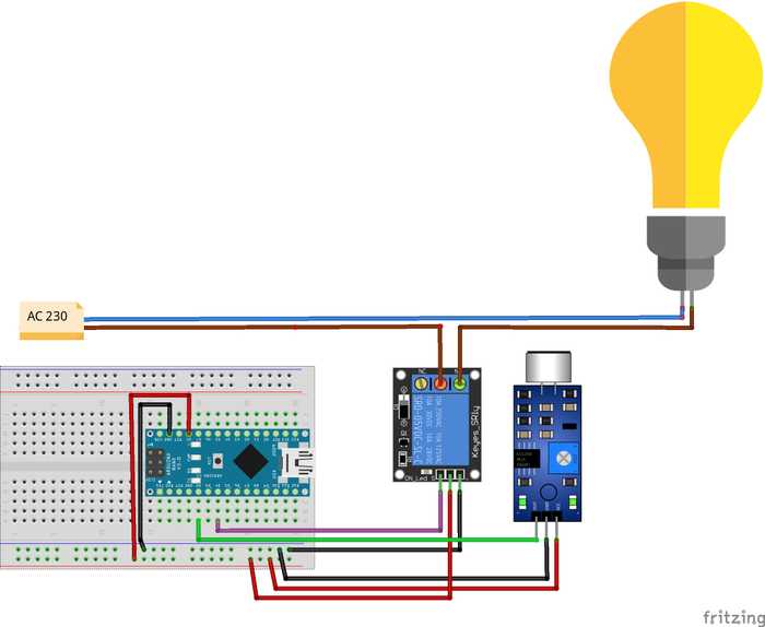 Fritzing Arduino clap switch on a breadboard