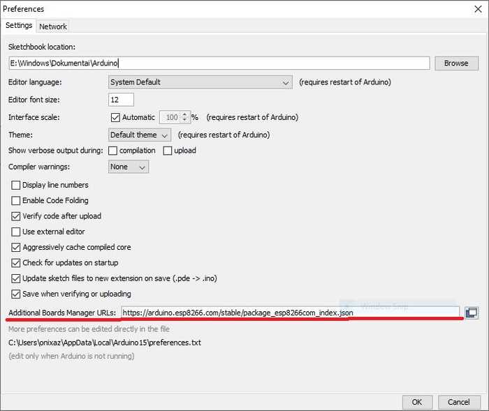 Arduino IDE Preferences for ESP8266